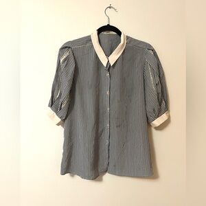 Darling Vintage Puff Sleeve Striped Blouse with Lace Ribbon